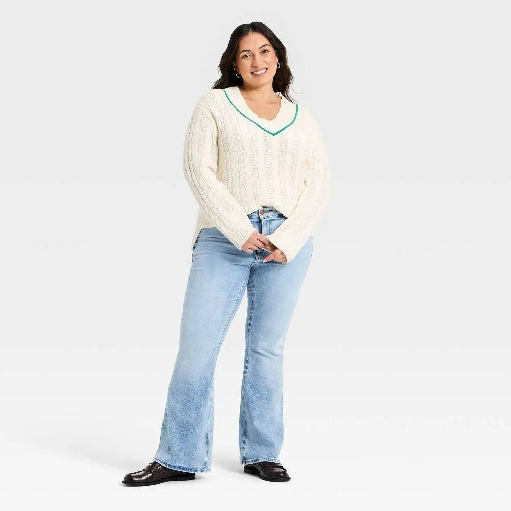 Women's Long Sleeve Cable Knit V-Neck Pullover Sweater