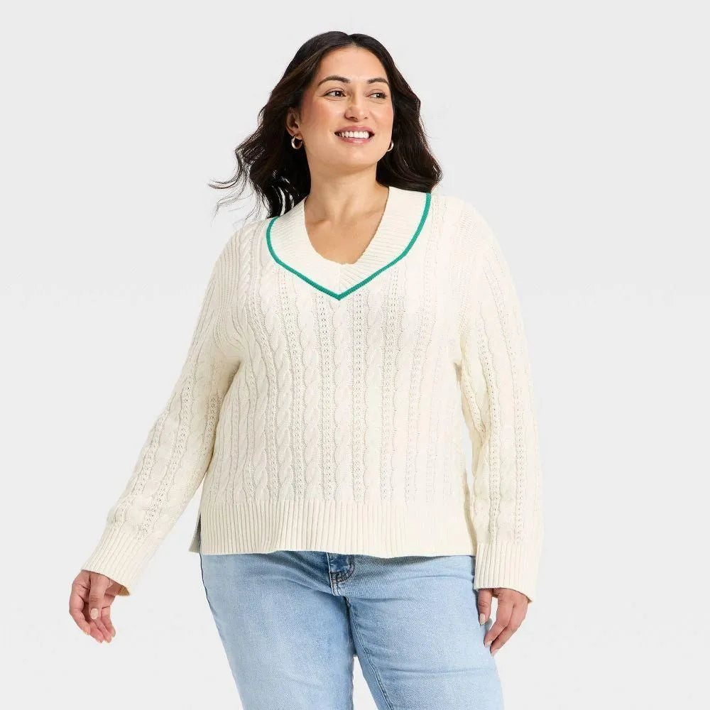 Women's Long Sleeve Cable Knit V-Neck Pullover Sweater