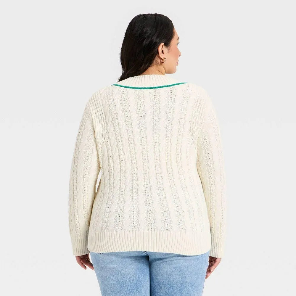 Women's Long Sleeve Cable Knit V-Neck Pullover Sweater