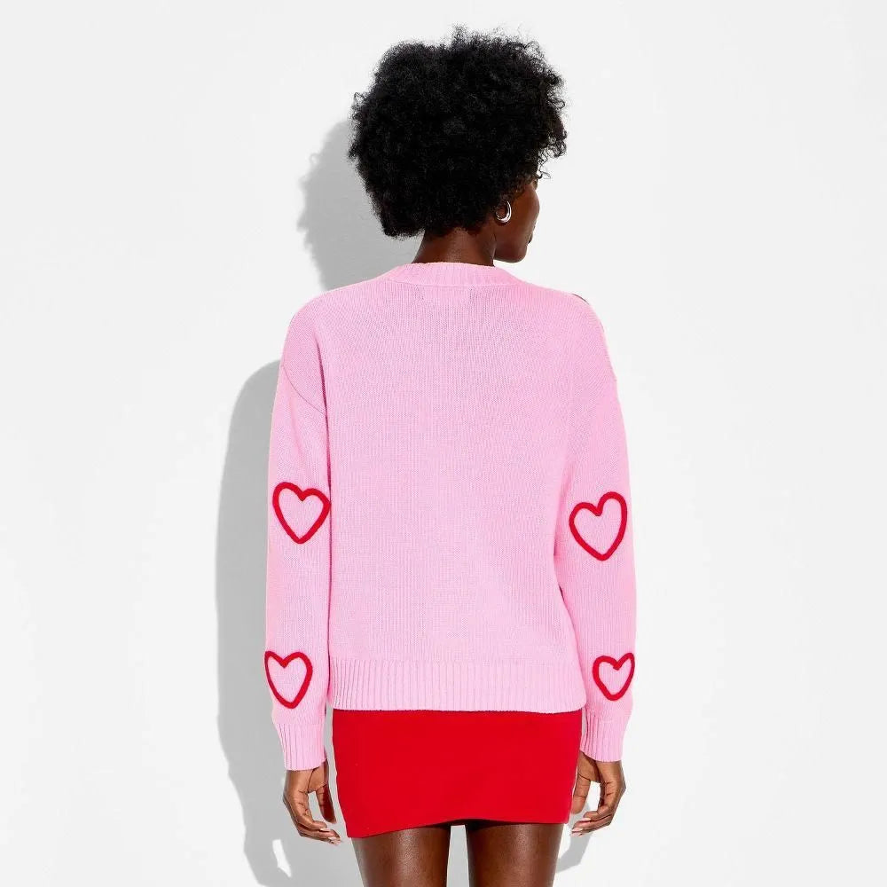 Women's Hearts Graphic Cardigan Sweater Light Pink