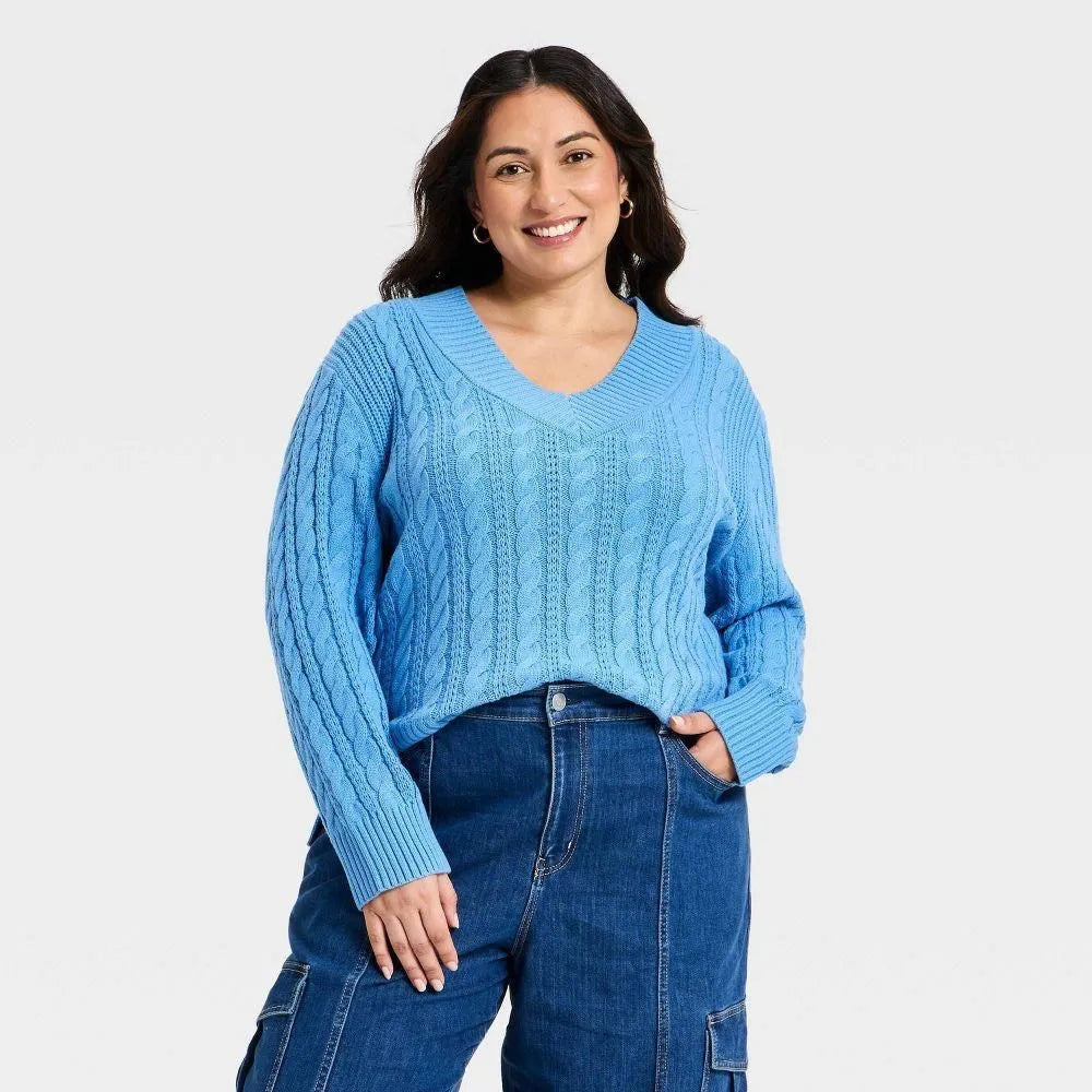 Women's Long Sleeve Cable Knit V-Neck Pullover Sweater Blue