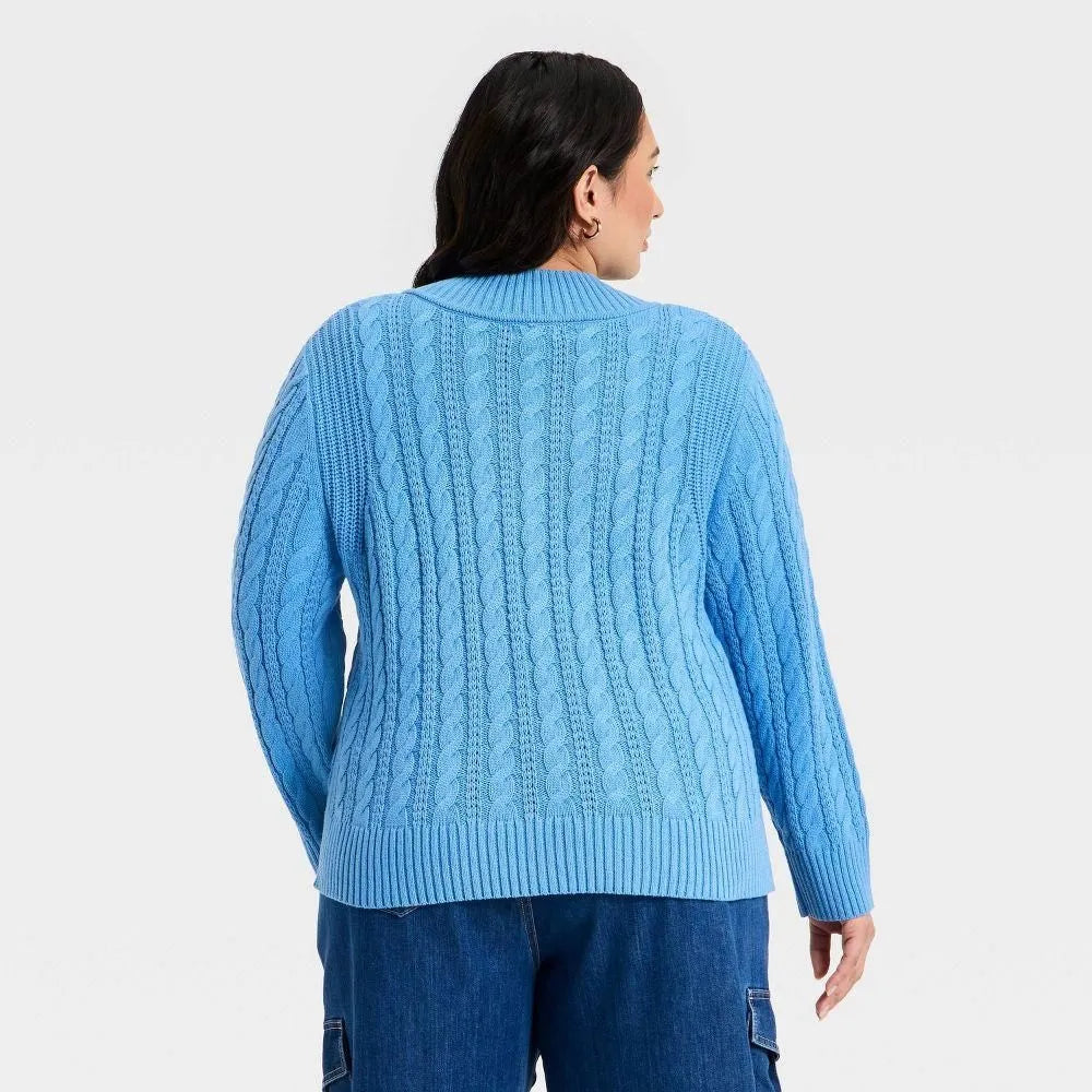 Women's Long Sleeve Cable Knit V-Neck Pullover Sweater Blue