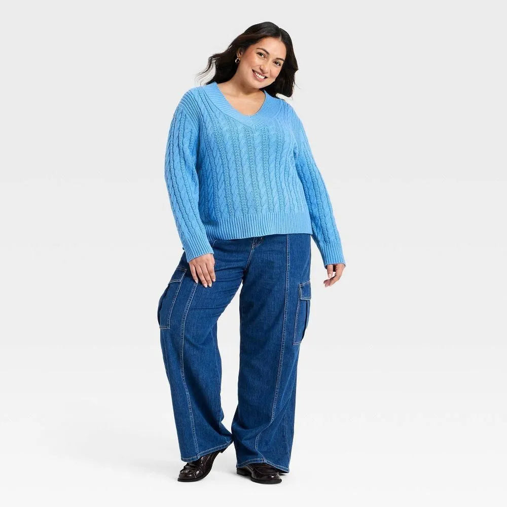 Women's Long Sleeve Cable Knit V-Neck Pullover Sweater Blue