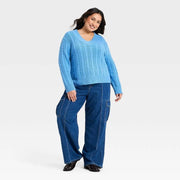Women's Long Sleeve Cable Knit V-Neck Pullover Sweater Blue