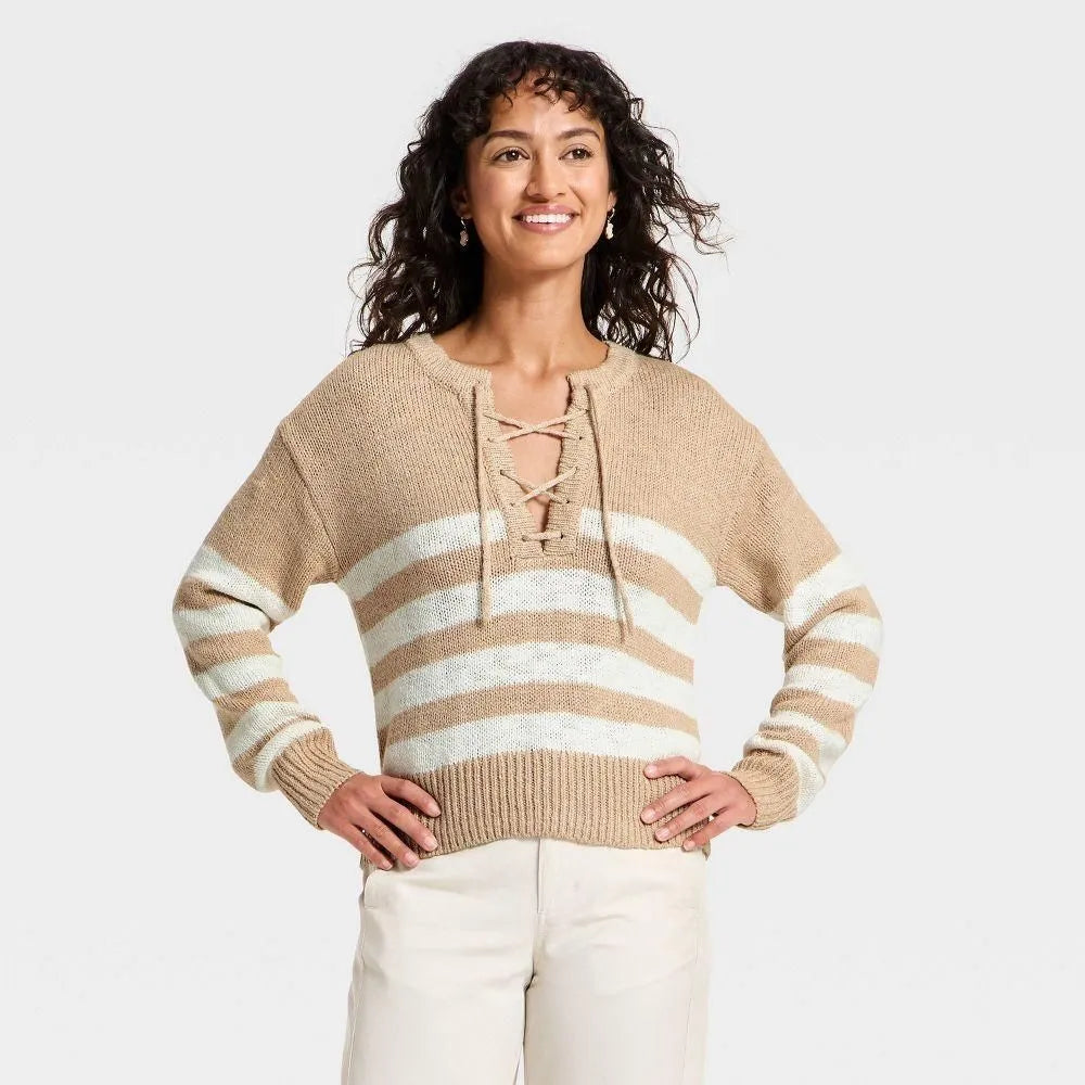 Women's Lace Up Crewneck Pullover Sweater
