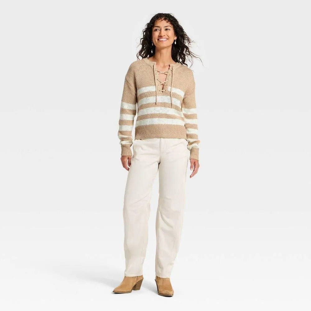Women's Lace Up Crewneck Pullover Sweater