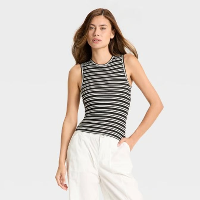Women's Open Back Black Striped Ribbed Tank Top