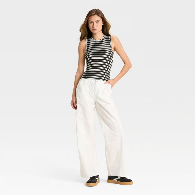 Women's Open Back Black Striped Ribbed Tank Top