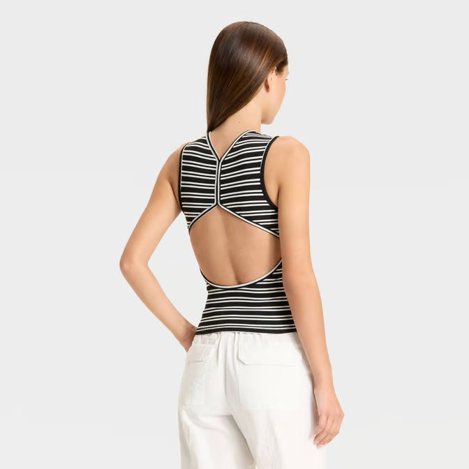 Women's Open Back Black Striped Ribbed Tank Top