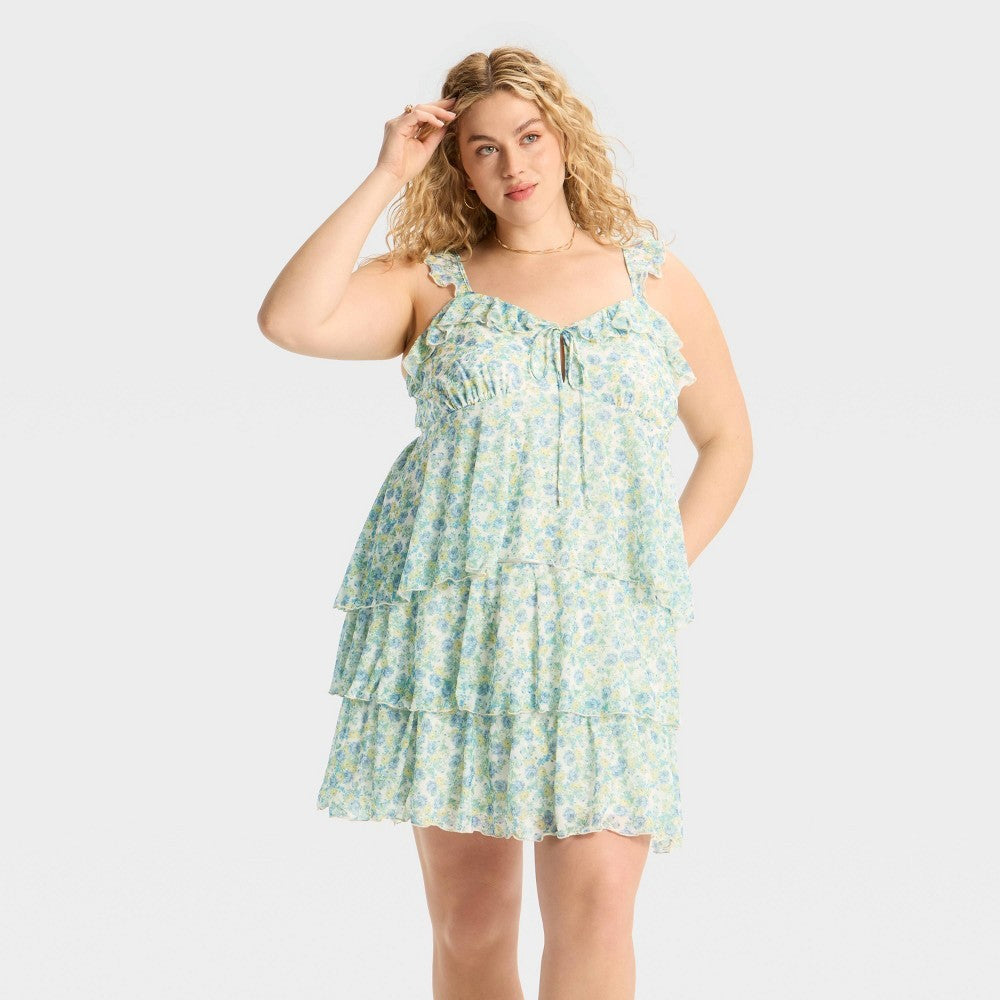 Women's Knit Chiffon Tiered Ruffle Sleeve Mini A-line Dress