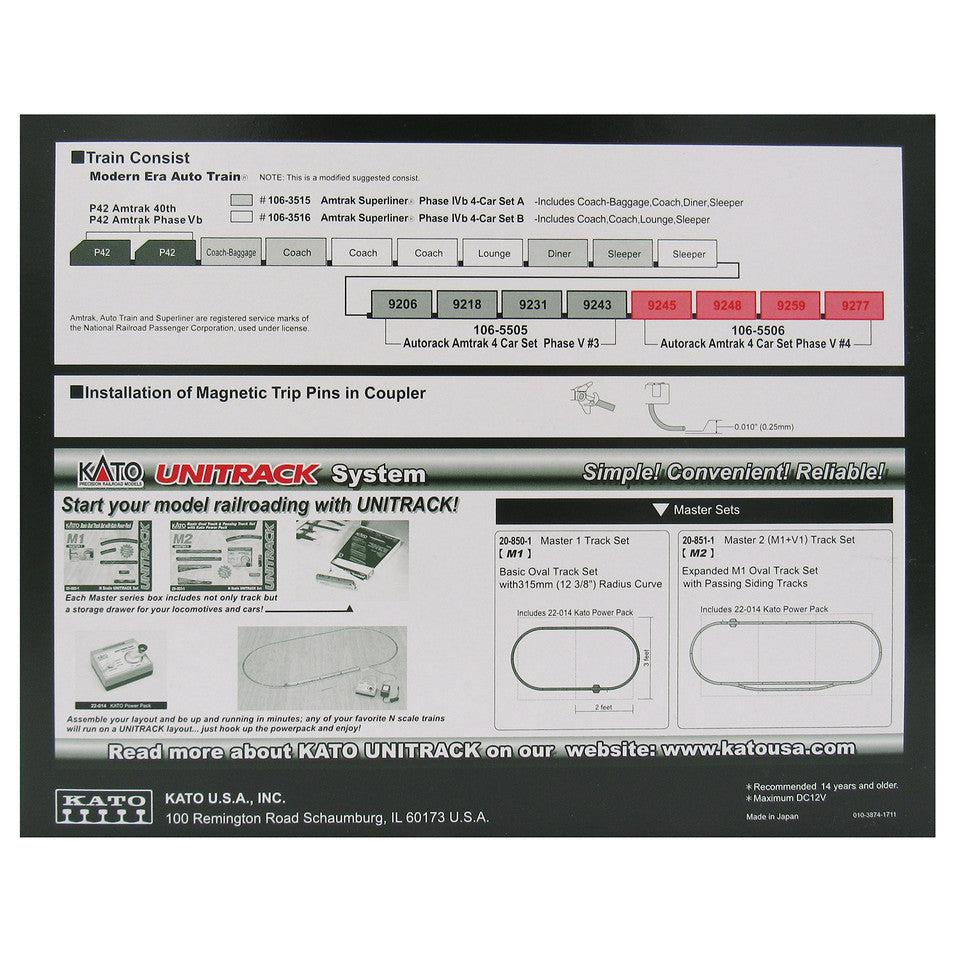 Kato Autorack Amtrak Phase III 4 Car Set 2 N Scale 106-5508