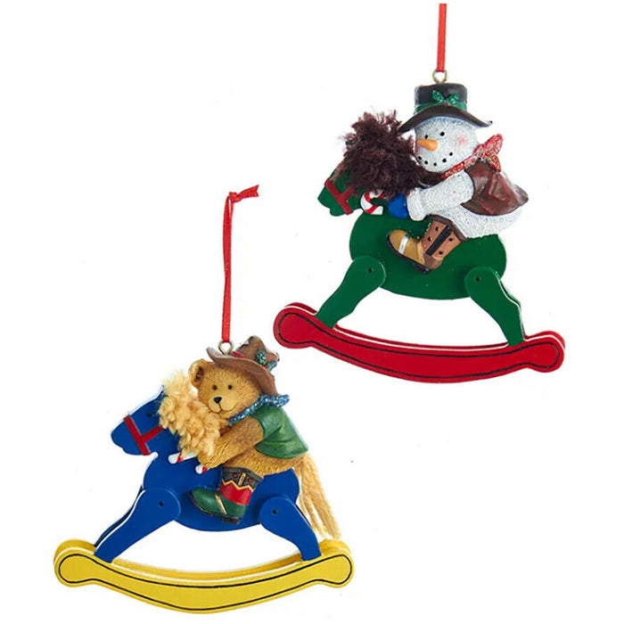 Kurt Adler Snowman and Teddy Bear on Rocking Horse Ornaments