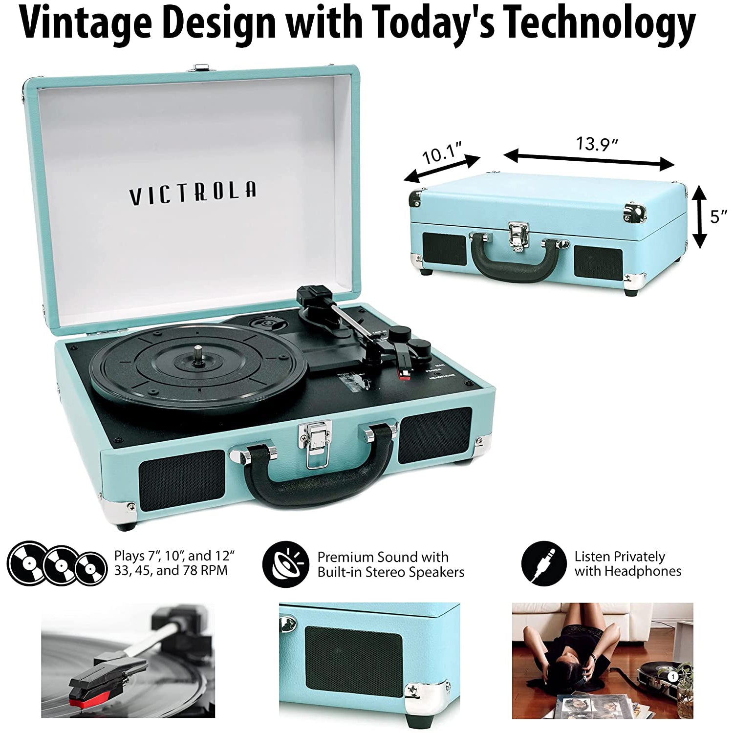 Victrola Bluetooth Suitcase Turntable 3 Speed Turquoise